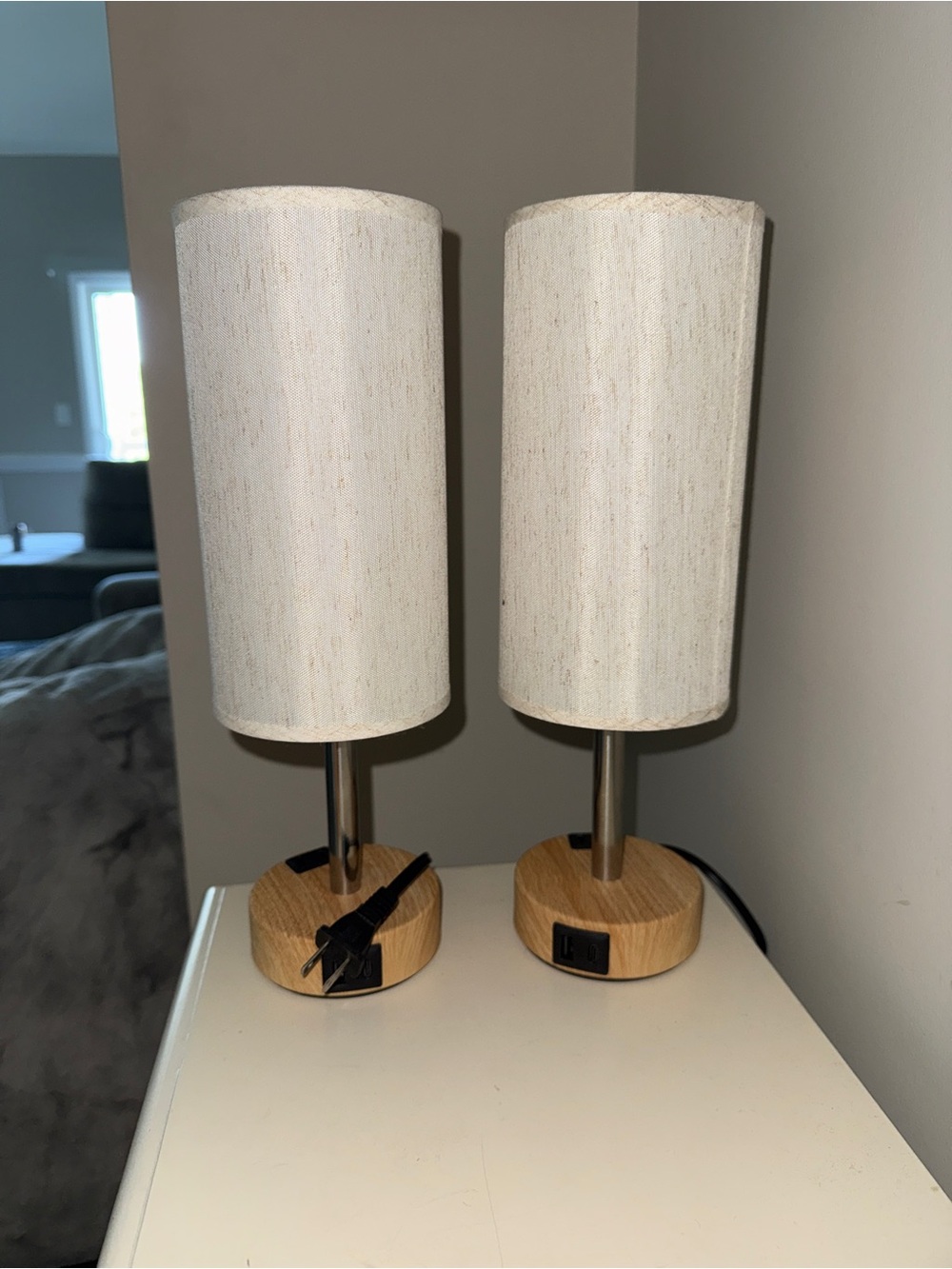 Neutral White Table Lamps with Wood Base - Set of 2